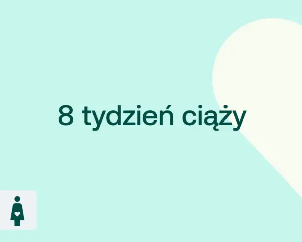 8 tydzień ciąży. Delikatne tło z sercem i ikonami D+ oraz kobiety w ciąży.