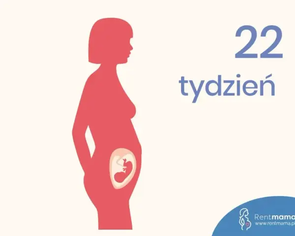 Sylwetka kobiety w ciąży, w brzuchu widoczny płód. Obok napis "22 tydzień".