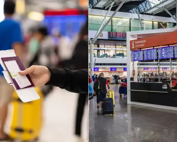 Ręka trzyma paszport i kartę pokładową przed stanowiskiem odprawy paszportowej na lotnisku.