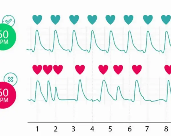 Dwa wykresy EKG z serduszkami. Górny pokazuje 60 BPM z zielonym znacznikiem, dolny 60 BPM z czerwonym. Puls u dziecka może być monitorowany na różne sposoby.