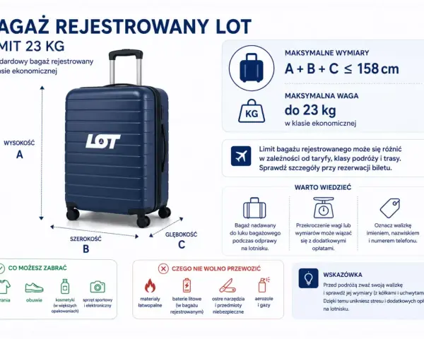 Informacja o limicie bagażu rejestrowanego LOT: 23 kg, wymiary do 158 cm. Czy można wziąć papierosy do samolotu? Sprawdź zasady przewozu.