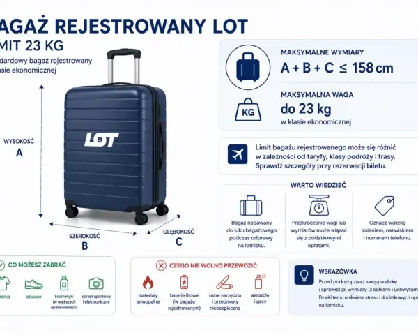 Bagaż rejestrowany LOT: limit 23 kg, wymiary A+B+C ≤ 158 cm. Ten przedmiot osobisty to walizka, którą możesz zabrać na pokład.