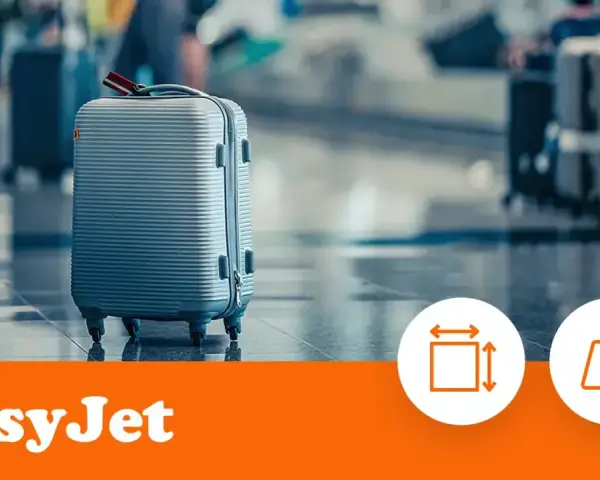 Szary walizka na kółkach, idealna jako easyJet bagaż podręczny. Obok ikony wymiarów i wagi.