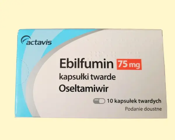 Opakowanie leku Ebilfumin 75 mg, zawierającego oseltamiwir dla dzieci. 10 kapsułek twardych do podania doustnego.