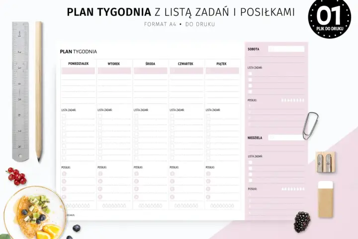 Plan tygodnia z miejscem na zadania i posiłki, idealny do stworzenia listy zakupów spożywczych na tydzień.