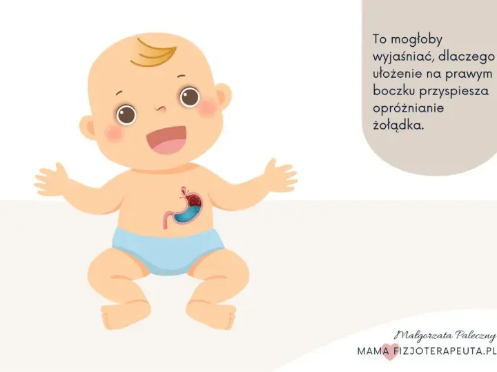 Uśmiechnięte niemowlę z widocznym żołądkiem. Tekst sugeruje, że ułożenie na prawym boczku może pomóc przy refluksie utajonym u niemowląt objawy.
