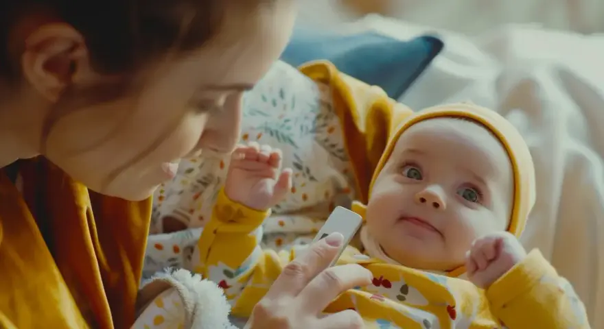 Mama sprawdza, czy niemowlaka nie dopadła gorączka. Dziecko w żółtym ubranku patrzy z zaciekawieniem na termometr.