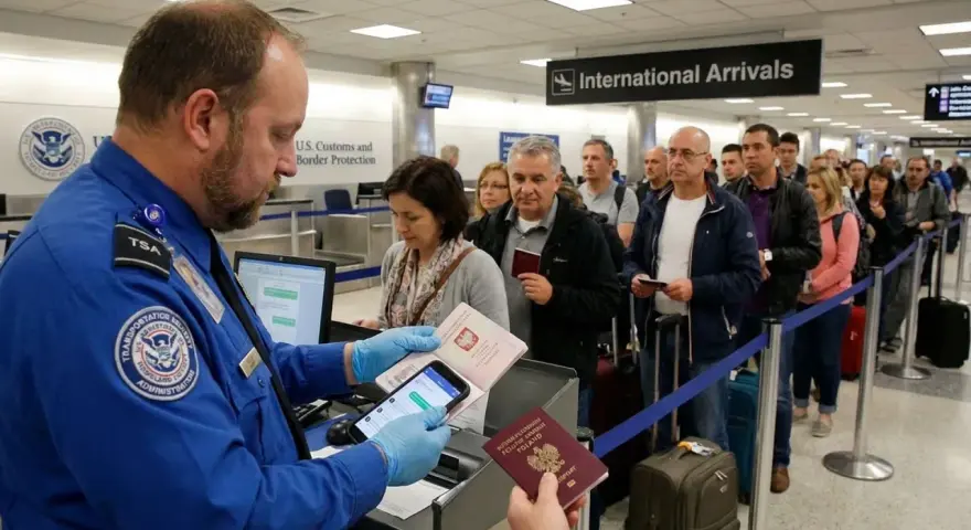 Kolejka do odprawy celnej na lotnisku. Agent TSA sprawdza dokumenty podróżnych.