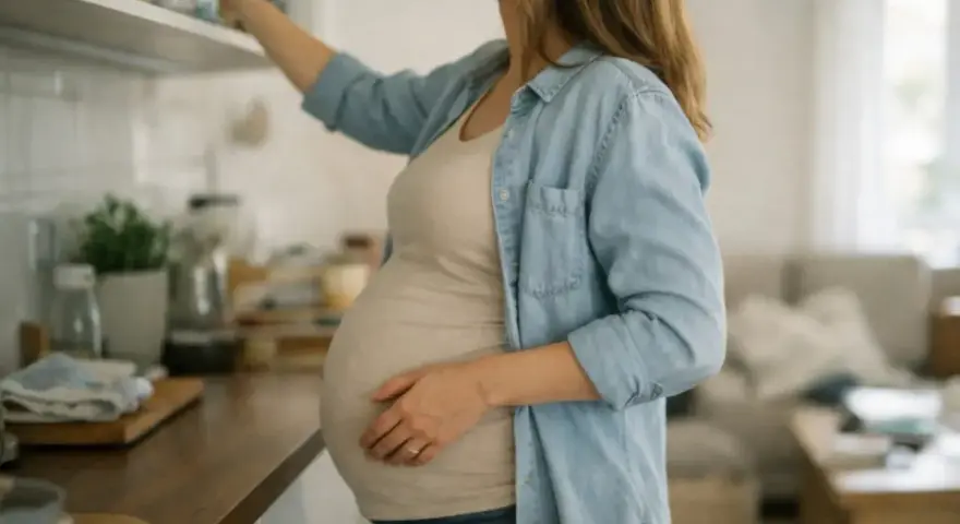 Ciężarna kobieta sięga po coś z górnej półki. Podnoszenie rąk w ciąży bywa wyzwaniem, ale mama daje radę!