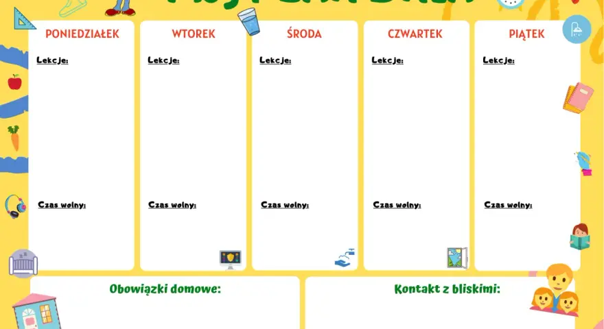Przykładowy plan dnia dziecka w wieku szkolnym z miejscem na lekcje, czas wolny, obowiązki domowe i kontakt z bliskimi.