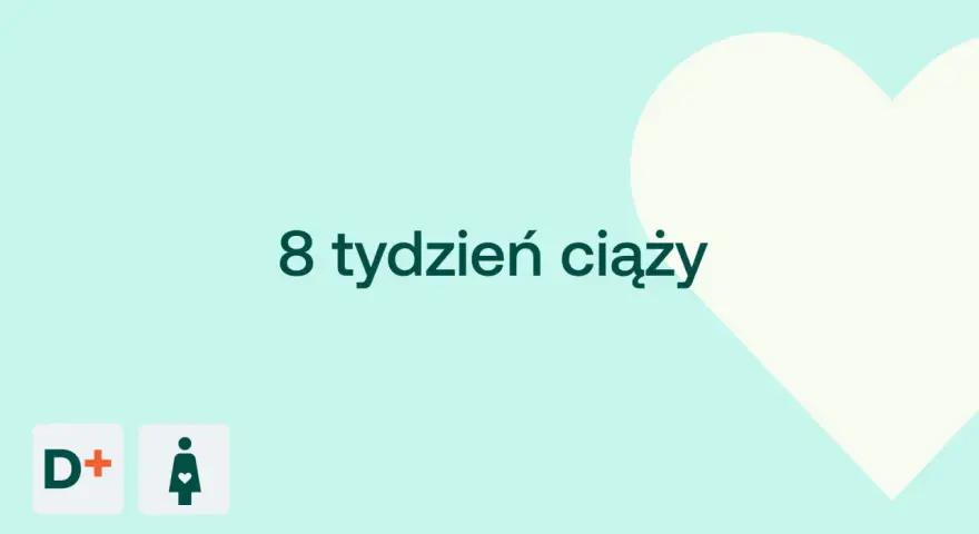 8 tydzień ciąży. Delikatne tło z sercem i ikonami D+ oraz kobiety w ciąży.