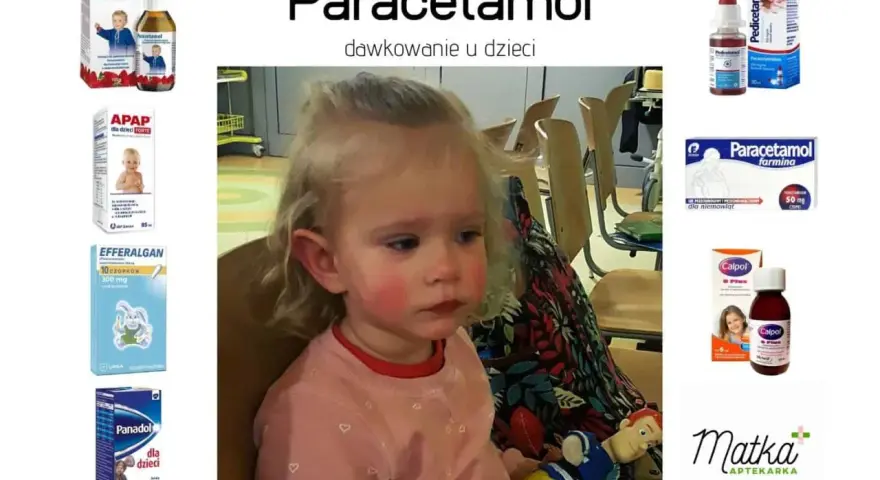 Dziecko z gorączką, obok leki z paracetamolem. Sprawdź paracetamol czopki dawkowanie dla dzieci.