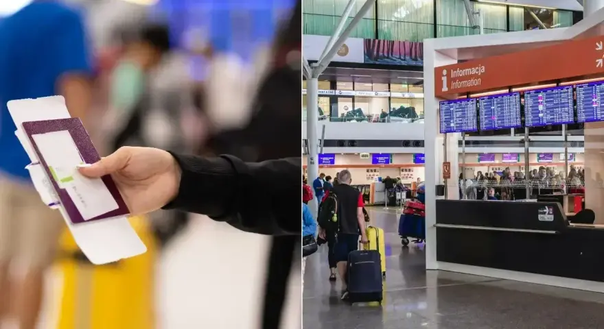Ręka trzyma paszport i kartę pokładową przed stanowiskiem odprawy paszportowej na lotnisku.
