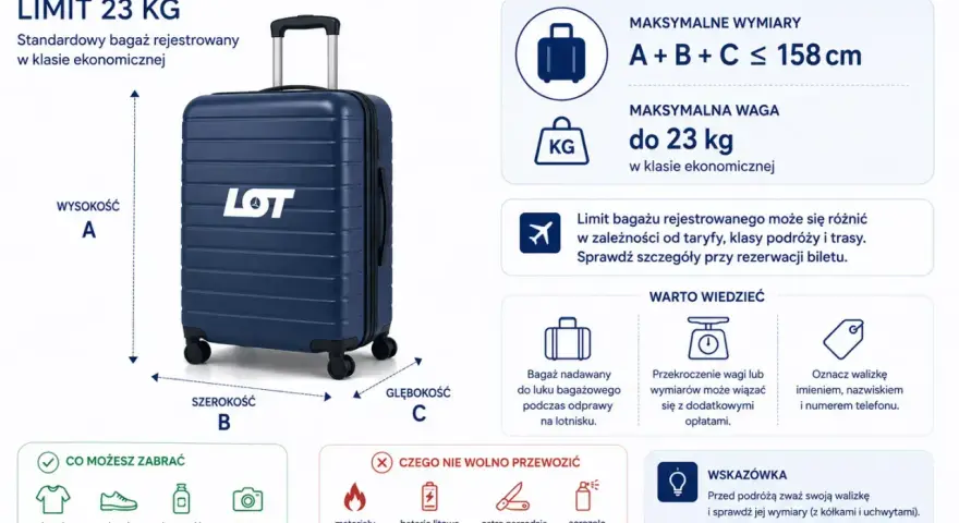 Informacja o limicie bagażu rejestrowanego LOT: 23 kg, wymiary do 158 cm. Czy można wziąć papierosy do samolotu? Sprawdź zasady przewozu.