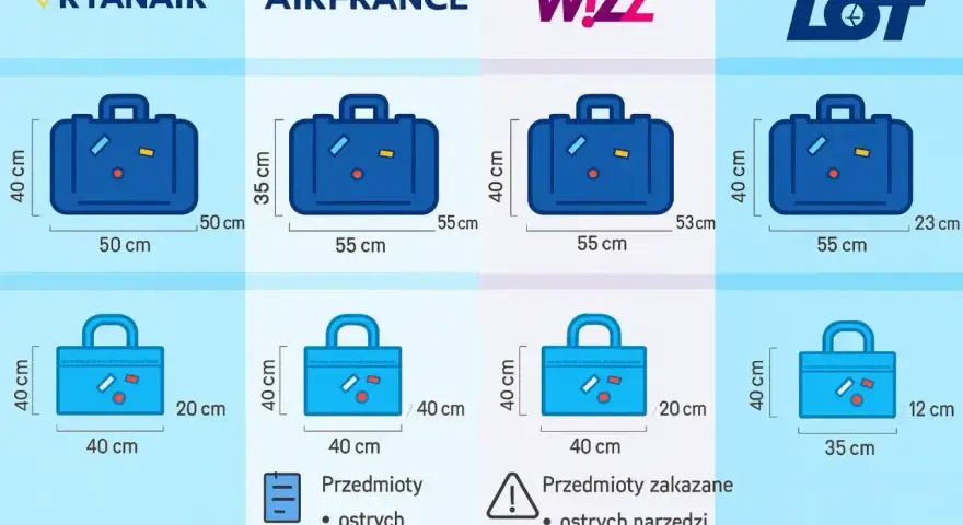 Wymiary bagażu podręcznego dla Ryanair, Air France, Wizz Air i LOT. Sprawdź, ile kg bagażu możesz zabrać.