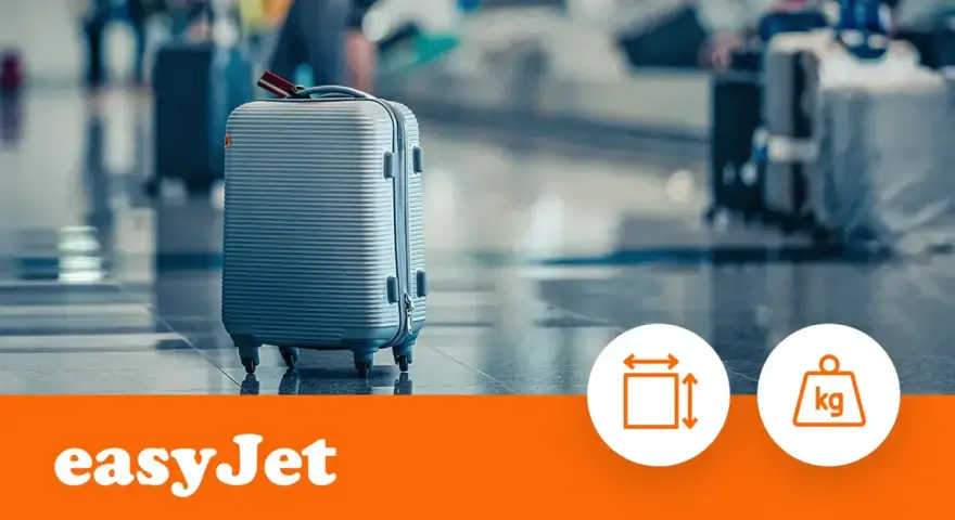 Szary walizka na kółkach, idealna jako easyJet bagaż podręczny. Obok ikony wymiarów i wagi.