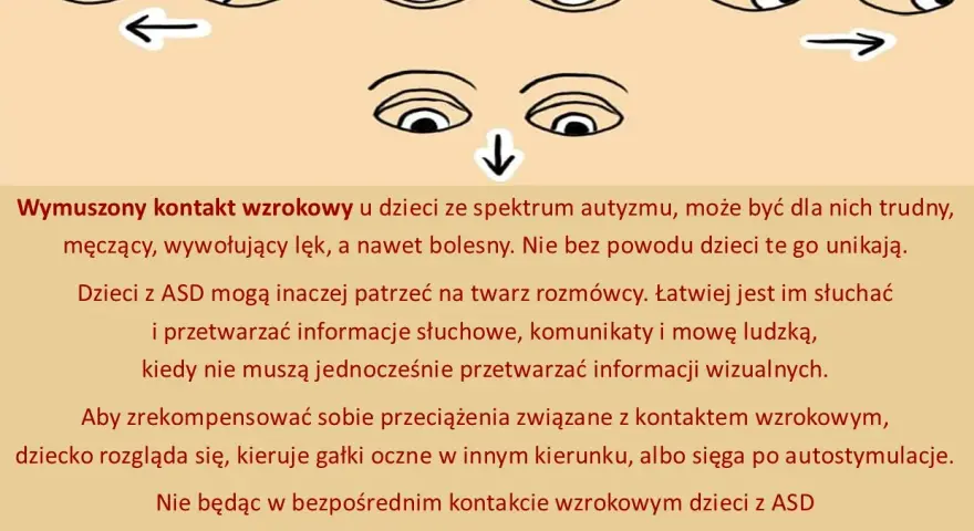 Ilustracja pokazuje oczy, które unikają kontaktu wzrokowego. Dzieci z ASD często odczuwają ulotny kontakt wzrokowy jako trudny.