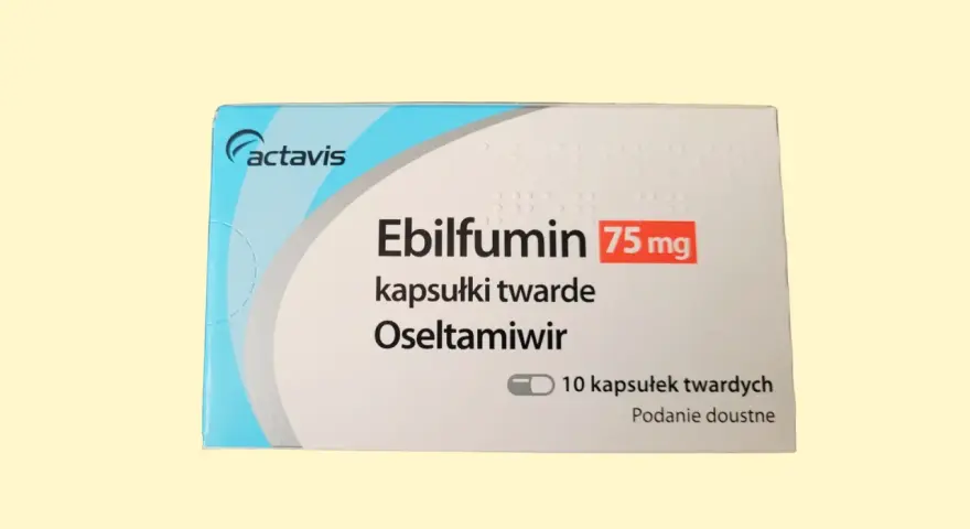Opakowanie leku Ebilfumin 75 mg, zawierającego oseltamiwir dla dzieci. 10 kapsułek twardych do podania doustnego.