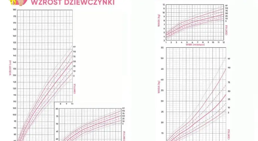 Siatki centylowe dla dziewczynek: wzrost i waga. Wykresy pokazują normy rozwoju od urodzenia do 12 lat.
