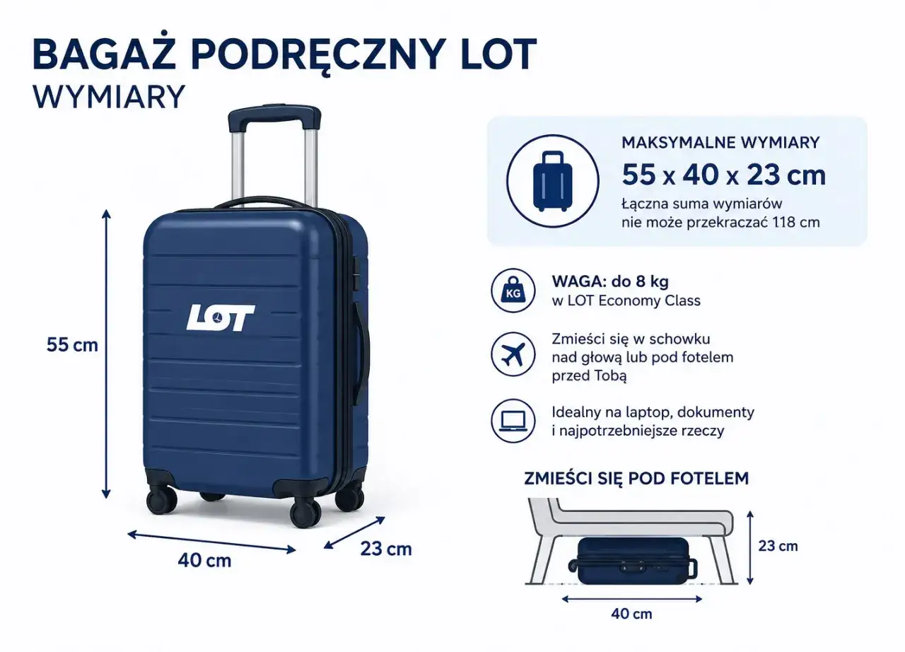 Bagaż podręczny LOT: 55x40x23 cm, waga do 8 kg. Idealny na laptop i dokumenty. Zmieści się pod fotelem.