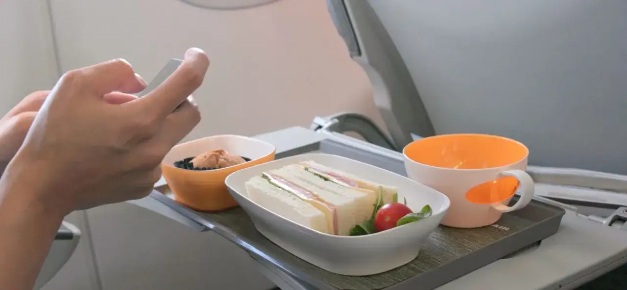 Na tacy w samolocie Ryanair leżą kanapki, deser i nap&oacute;j. Pasażer korzysta z telefonu. Czy można wziąć jedzenie do samolotu Ryanair? Tak, ale sprawdź zasady.