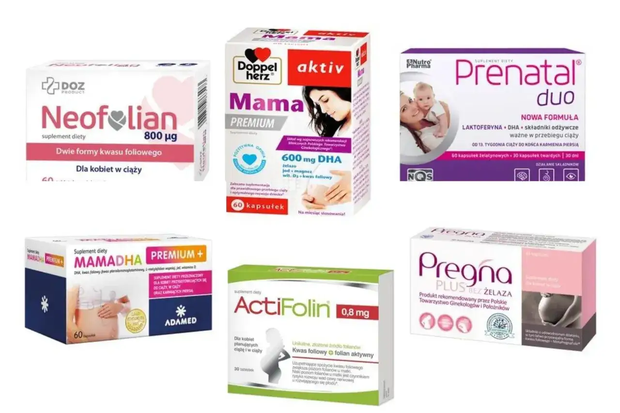 Neofolian, Mama Premium, Prenatal Duo, Mamadha, ActiFolin, Pregna Plus - suplementy diety z najlepiej przyswajalnym kwasem foliowym dla kobiet w ciąży.