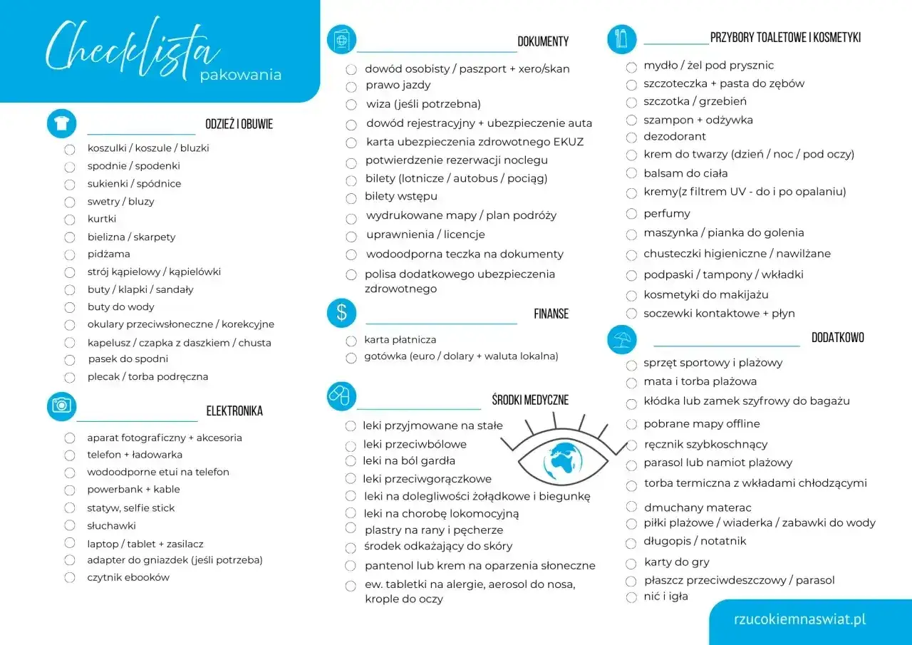 Checklista pakowania: dokumenty, odzież, kosmetyki, leki i sprzęt. Tw&oacute;j planer podr&oacute;ży w jednym miejscu.
