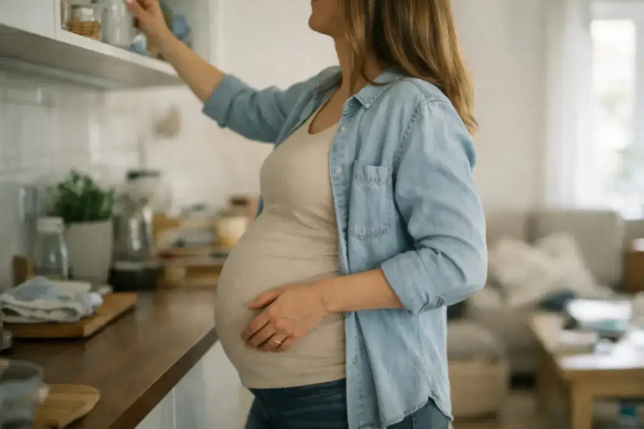 Ciężarna kobieta sięga po coś z g&oacute;rnej p&oacute;łki. Delikatne podnoszenie rąk w ciąży, codzienna czynność.