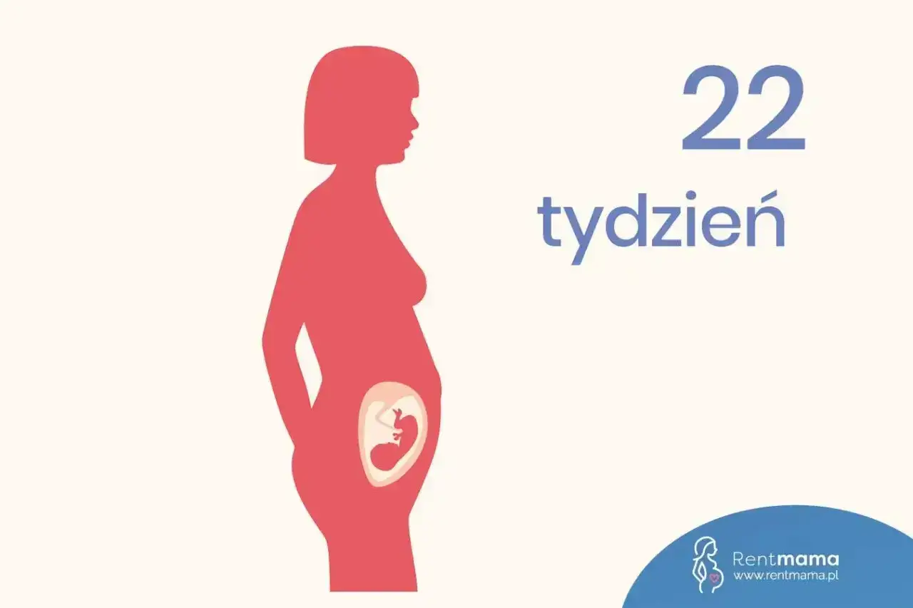 Sylwetka kobiety w ciąży, w brzuchu widoczny pł&oacute;d. Obok napis: 22 tydzień.