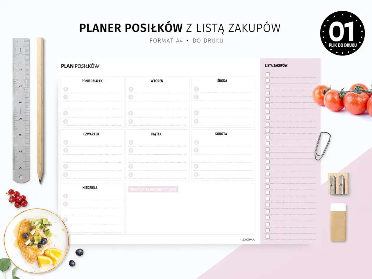 Planer posiłk&oacute;w i lista zakup&oacute;w, idealny do planowania tygodniowych posiłk&oacute;w i zakup&oacute;w.