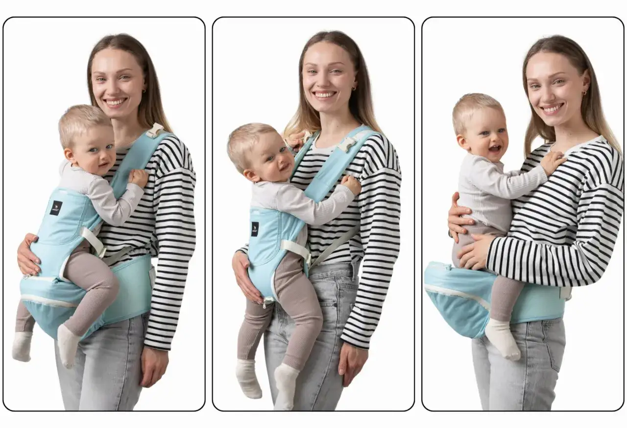 Uśmiechnięta mama nosi 5-miesięczne niemowlę w turkusowym nosidełku. Pokazano różne sposoby noszenia.