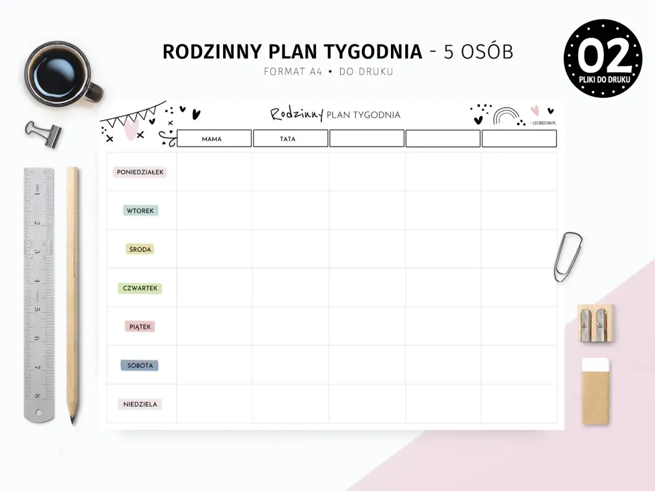 Rodzinny plan tygodnia, idealny do druku, z miejscem na wpisy dla mamy i taty. Świetne bullet journal inspiracje do organizacji życia rodzinnego.