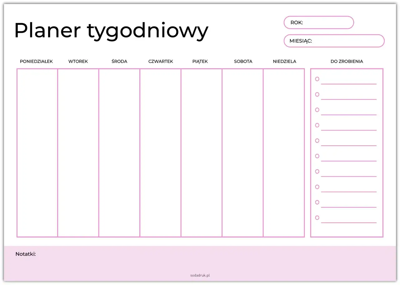 Planer tygodniowy z polami na dni tygodnia, rok, miesiąc i listę zadań. Idealny, by nauczyć się, jak prowadzić planer.
