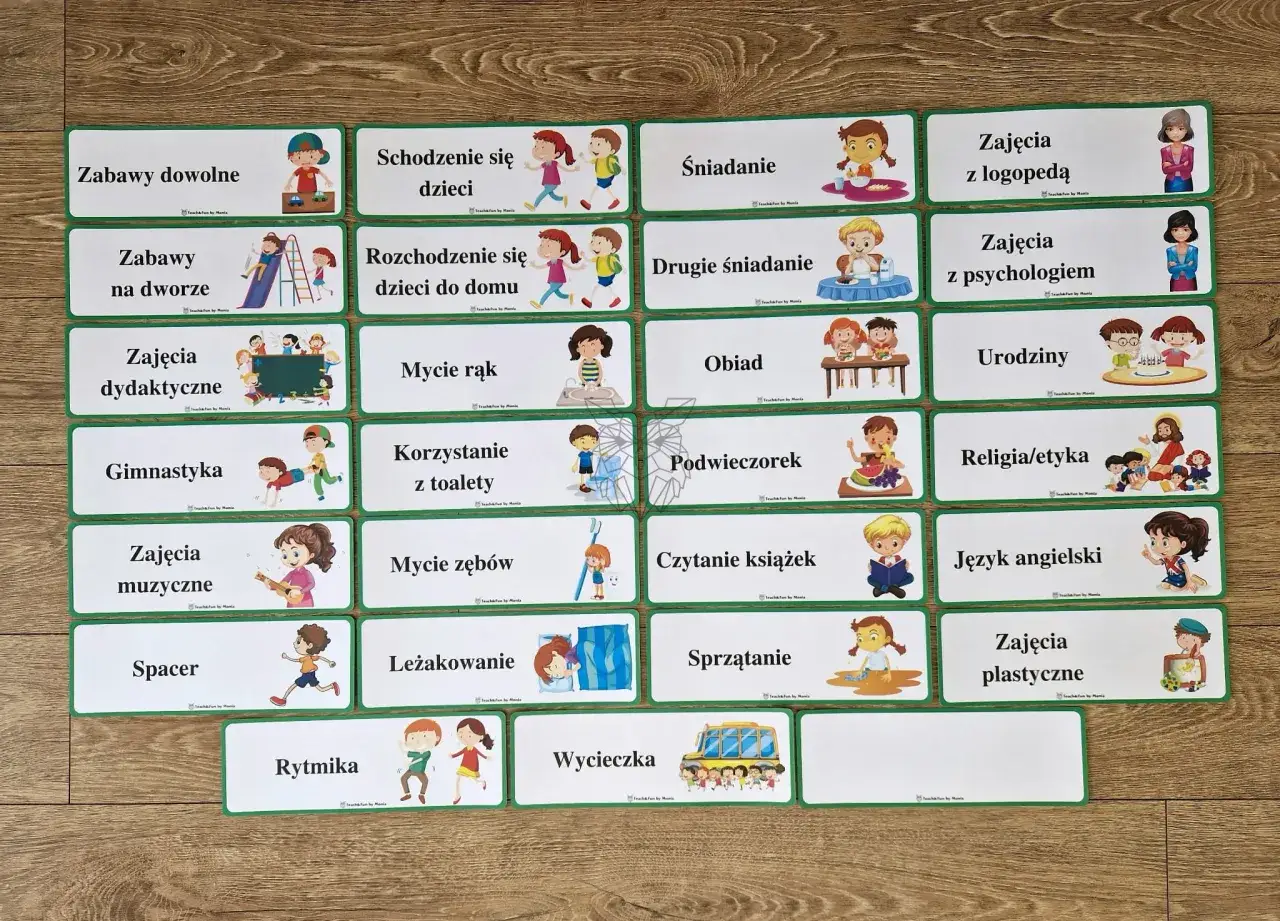 Przykładowy plan dnia dziecka w wieku szkolnym: zabawy, posiłki, zajęcia dydaktyczne, muzyczne, plastyczne, gimnastyka, nauka, higiena, odpoczynek.