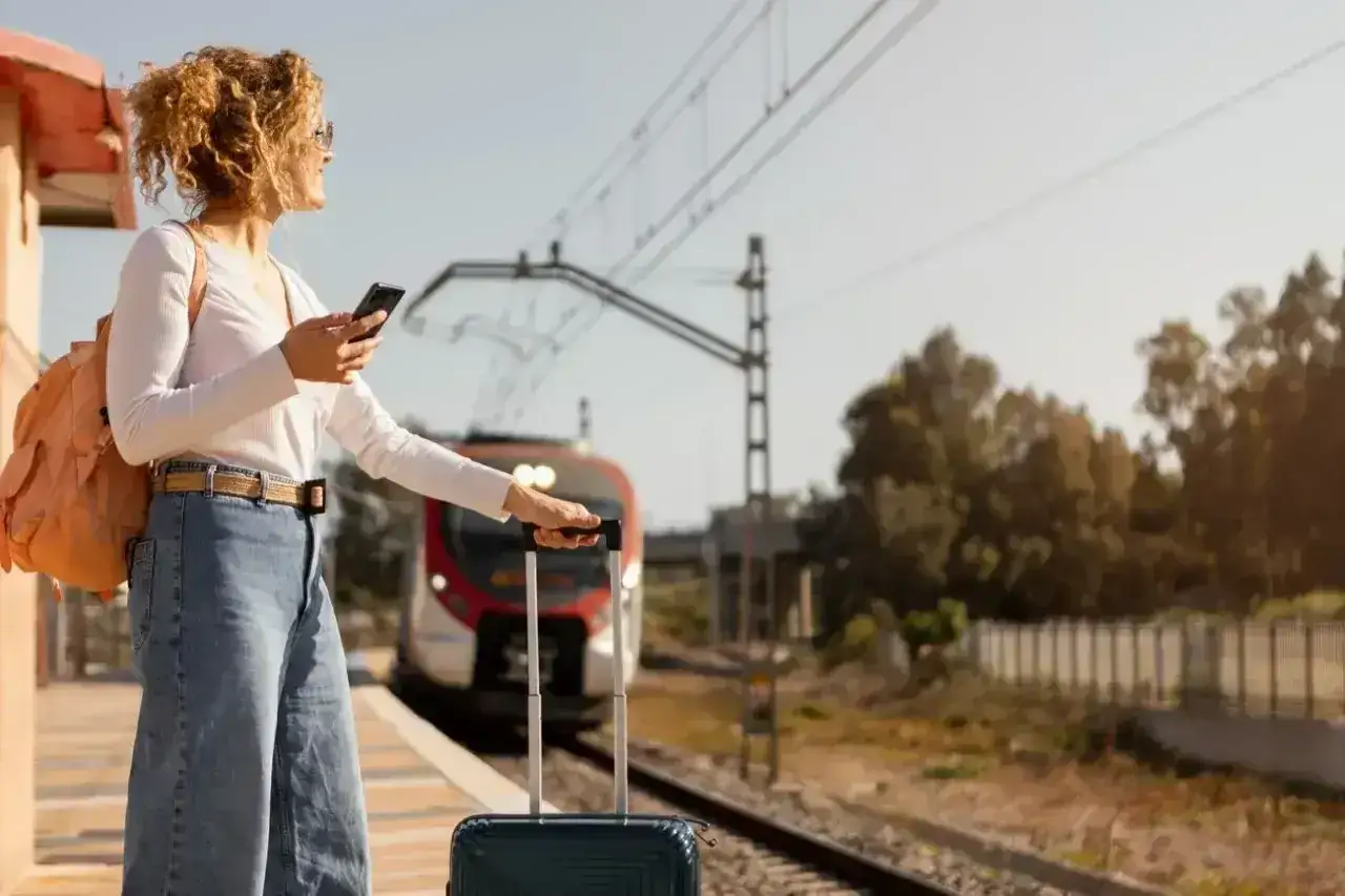 Kobieta z plecakiem i intercity dużą walizką czeka na pociąg na peronie, sprawdzając coś na telefonie.
