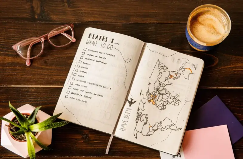 Otwarty planer podróży z listą miejsc do odwiedzenia i mapą świata. Kawa i okulary dopełniają inspirującą scenę.